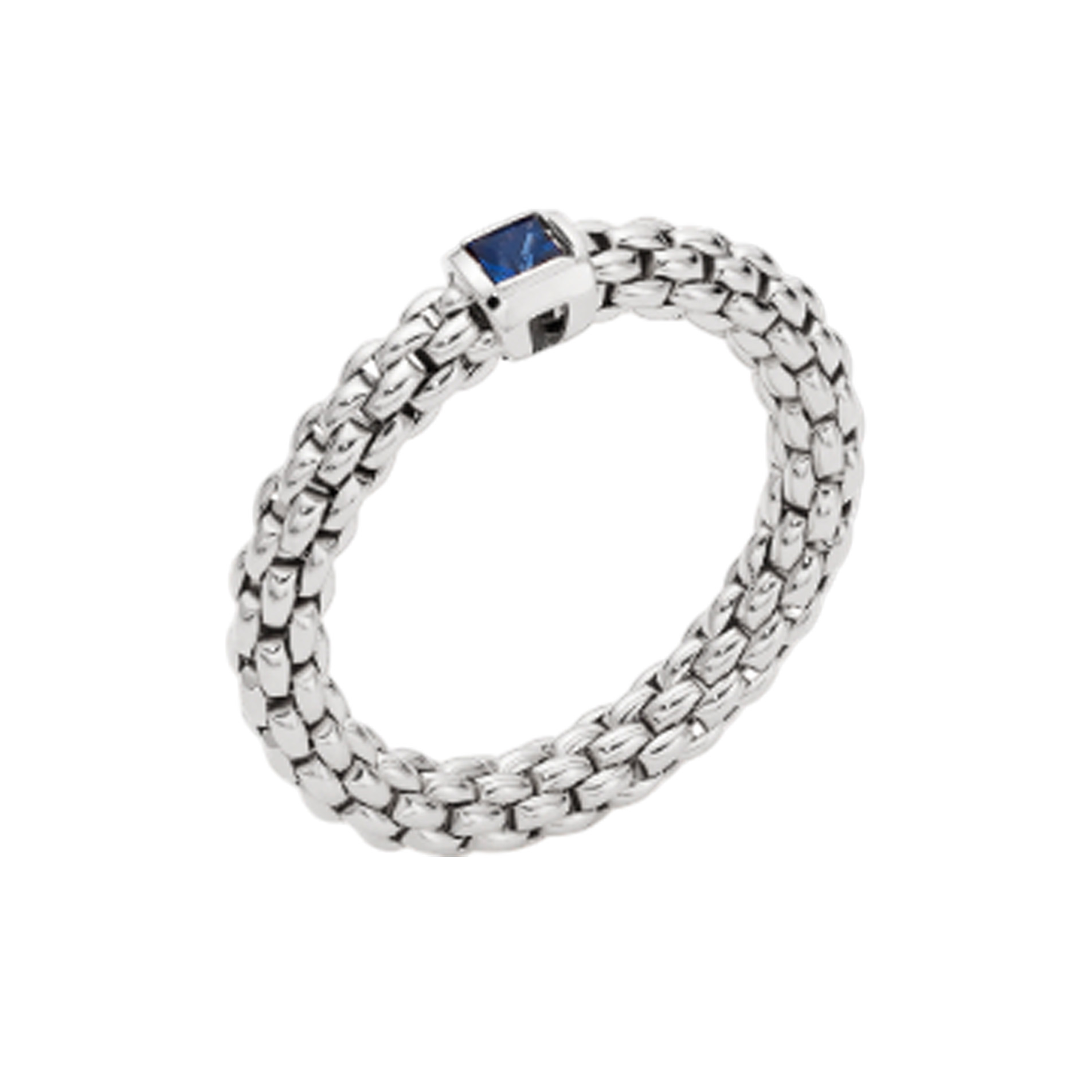FOPE, Souls Collection, 18ct White Gold Sapphire Flex'It Ring An 18ct white gold Flex'It bracelet set with a single blue sapphire belonging to FOPE's Souls collection.