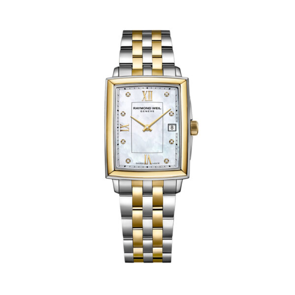 Raymond Weil, Toccata with a 22.6 x 28.1mm stainless steel and yellow gold PVD coated case and bracelet featuring date function and a mother of pearl, diamond set dial.
