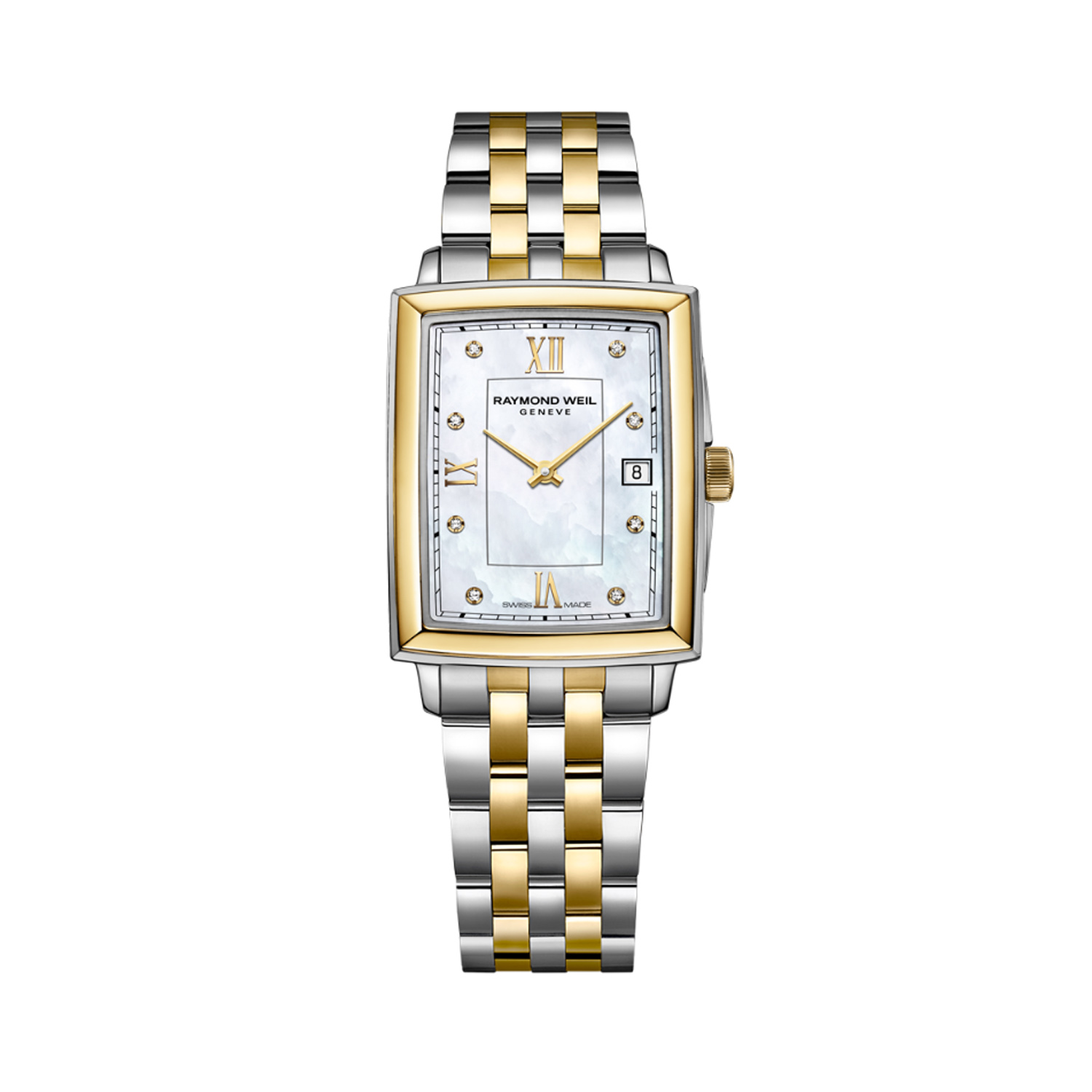 Raymond Weil, Toccata Bi-Colour Mother of Pearl, Quartz Women's Watch Raymond Weil, Toccata with a 22.6 x 28.1mm stainless steel and yellow gold PVD coated case and bracelet featuring date function and a mother of pearl, diamond set dial.