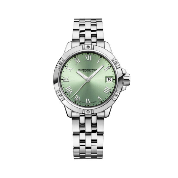Raymond Weil, Tango with a 30mm stainless steel case and bracelet strap featuring a date function and a green dial.