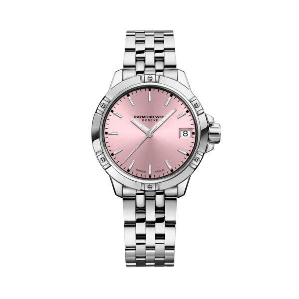 Raymond Weil, Tango with a 30mm stainless steel case and bracelet strap featuring a date function and a pink dial.