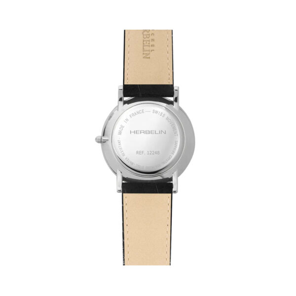 Herbelin, Classique with a 38mm stainless steel case and black leather strap featuring a date function and a white dial.