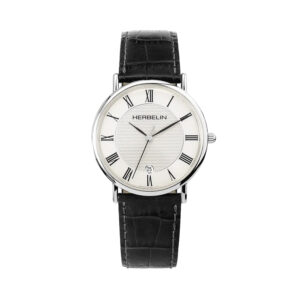 Herbelin, Classique with a 38mm stainless steel case and black leather strap featuring a date function and a white dial.