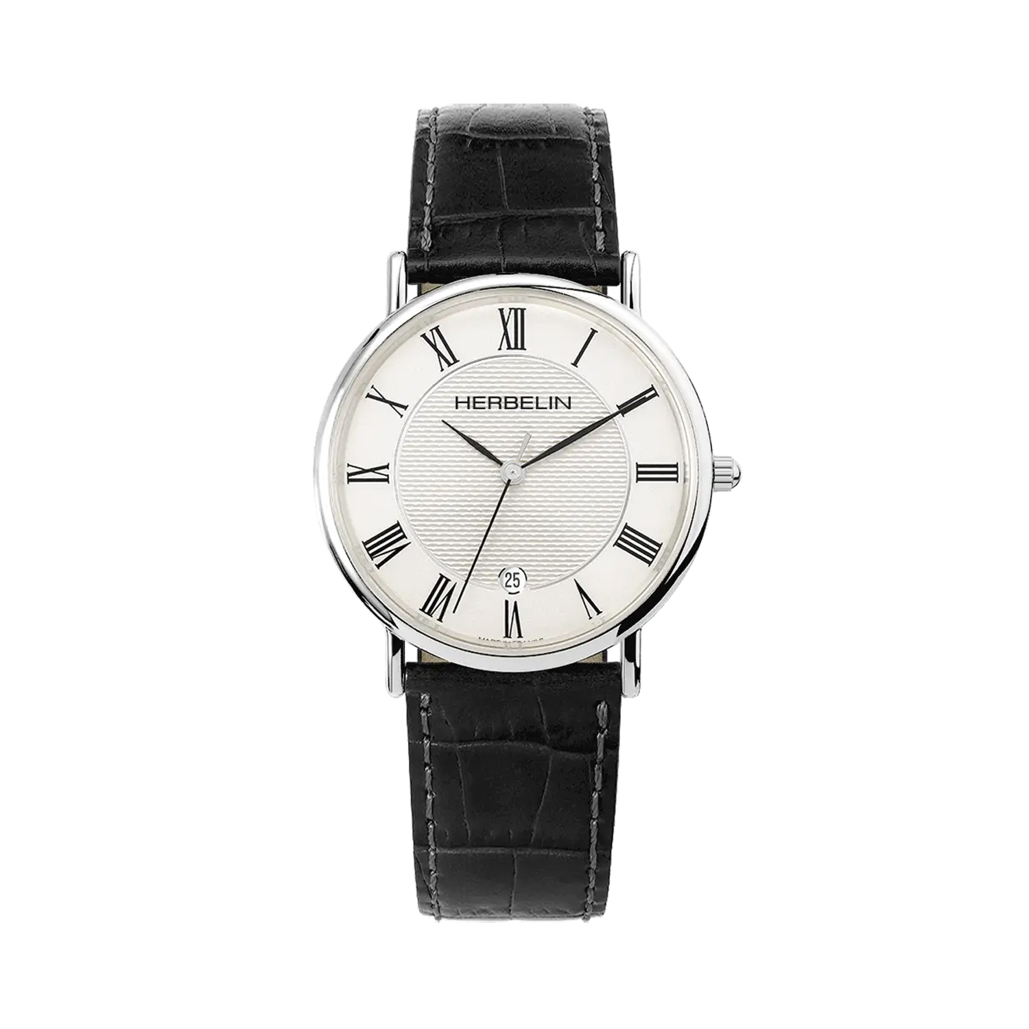 Herbelin, Classique White, Quartz Men’s 38mm Watch Herbelin, Classique with a 38mm stainless steel case and black leather strap featuring a date function and a white dial.