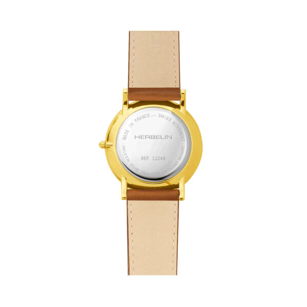 Herbelin, Classique with a 38mm yellow gold PVD coated stainless steel case with a brown leather strap featuring a date function and a white dial.