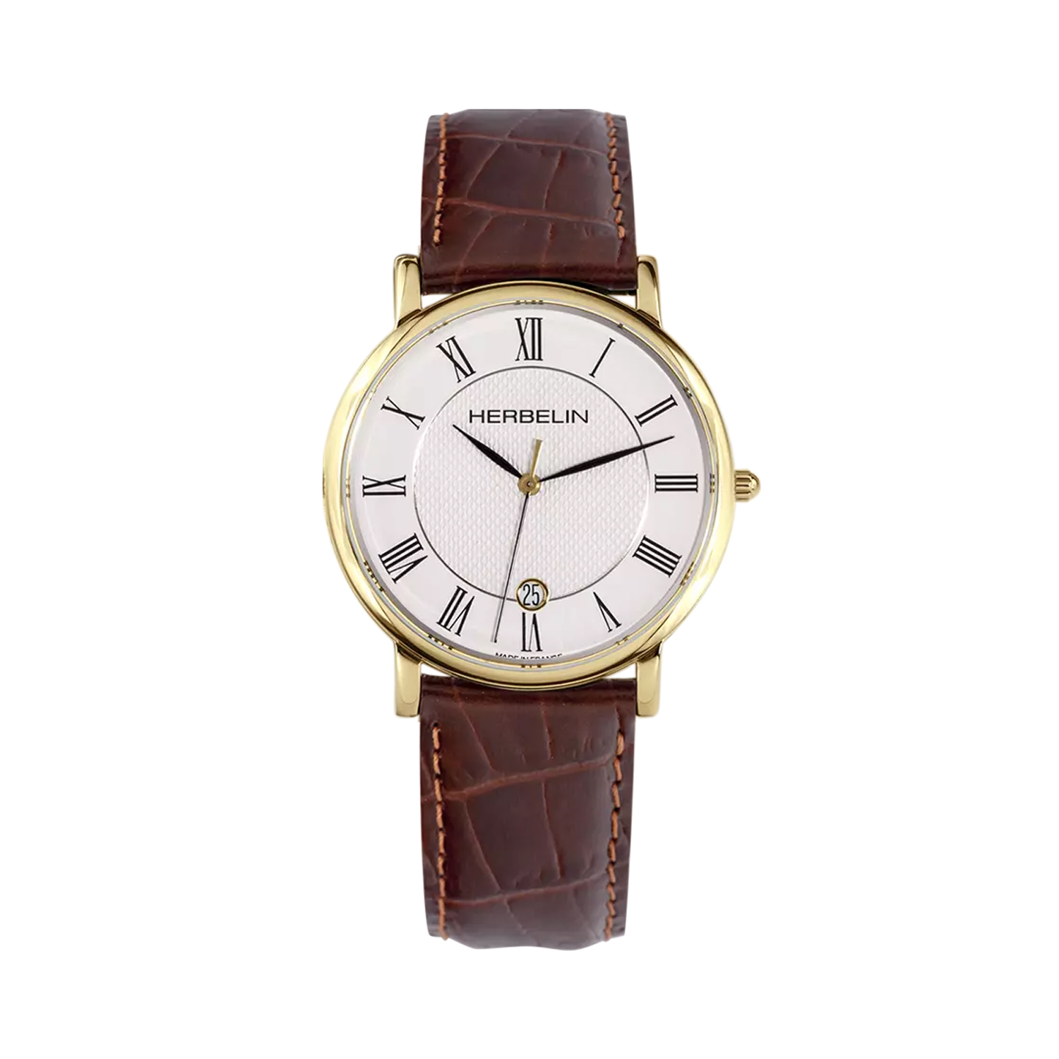 Herbelin, Classique White, Quartz Men's Watch Herbelin, Classique with a 38mm yellow gold PVD coated stainless steel case with a brown leather strap featuring a date function and a white dial.