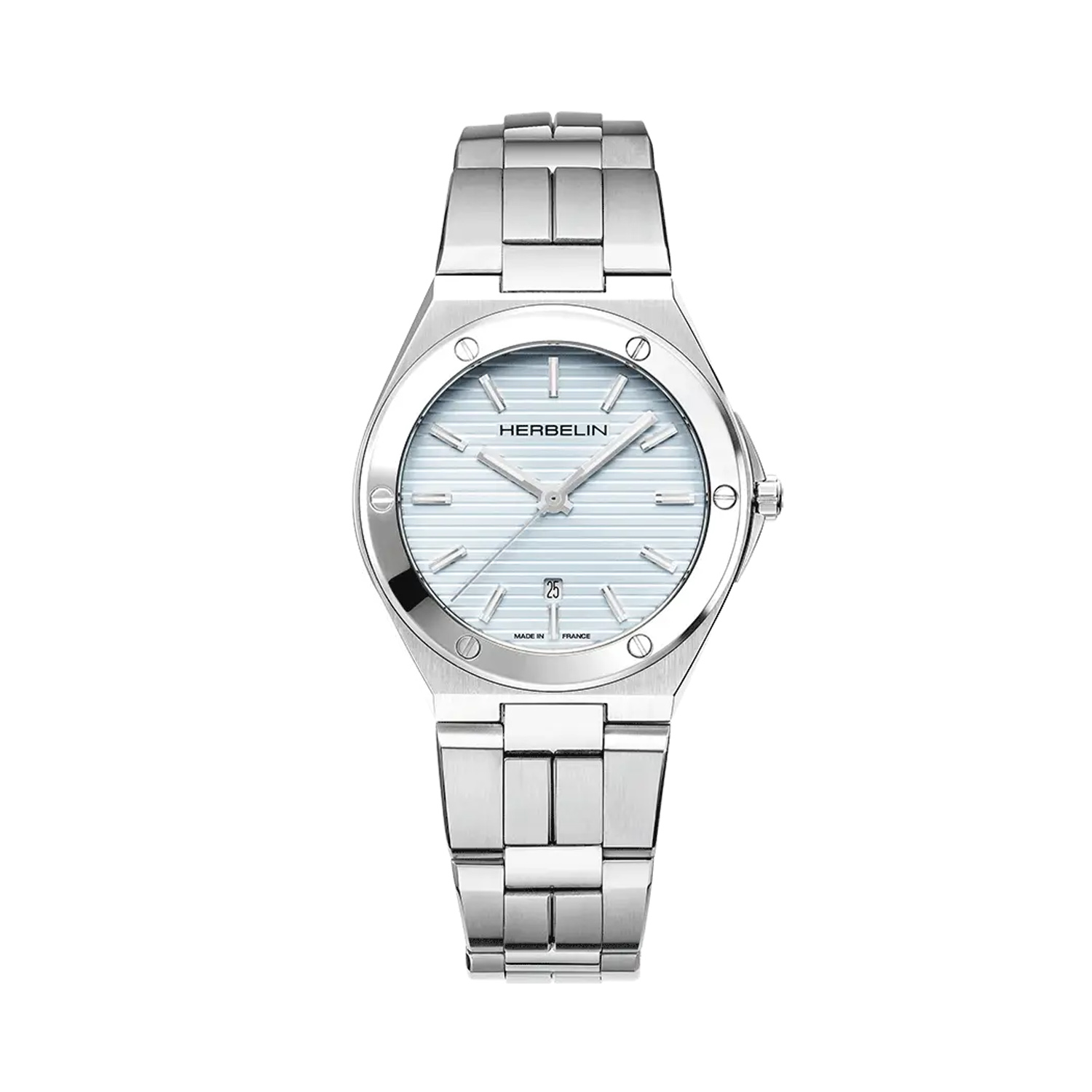 Herbelin, Cap Camarat with a 33mm stainless steel case and bracelet strap featuring a date function and an arctic blue dial.