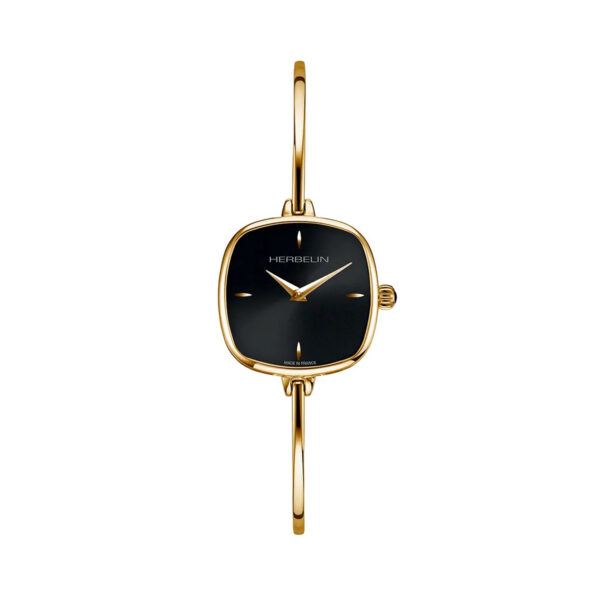 Herbelin, Fil with a 24mm square yellow gold PVD coated stainless steel case and bracelet strap featuring a black dial.
