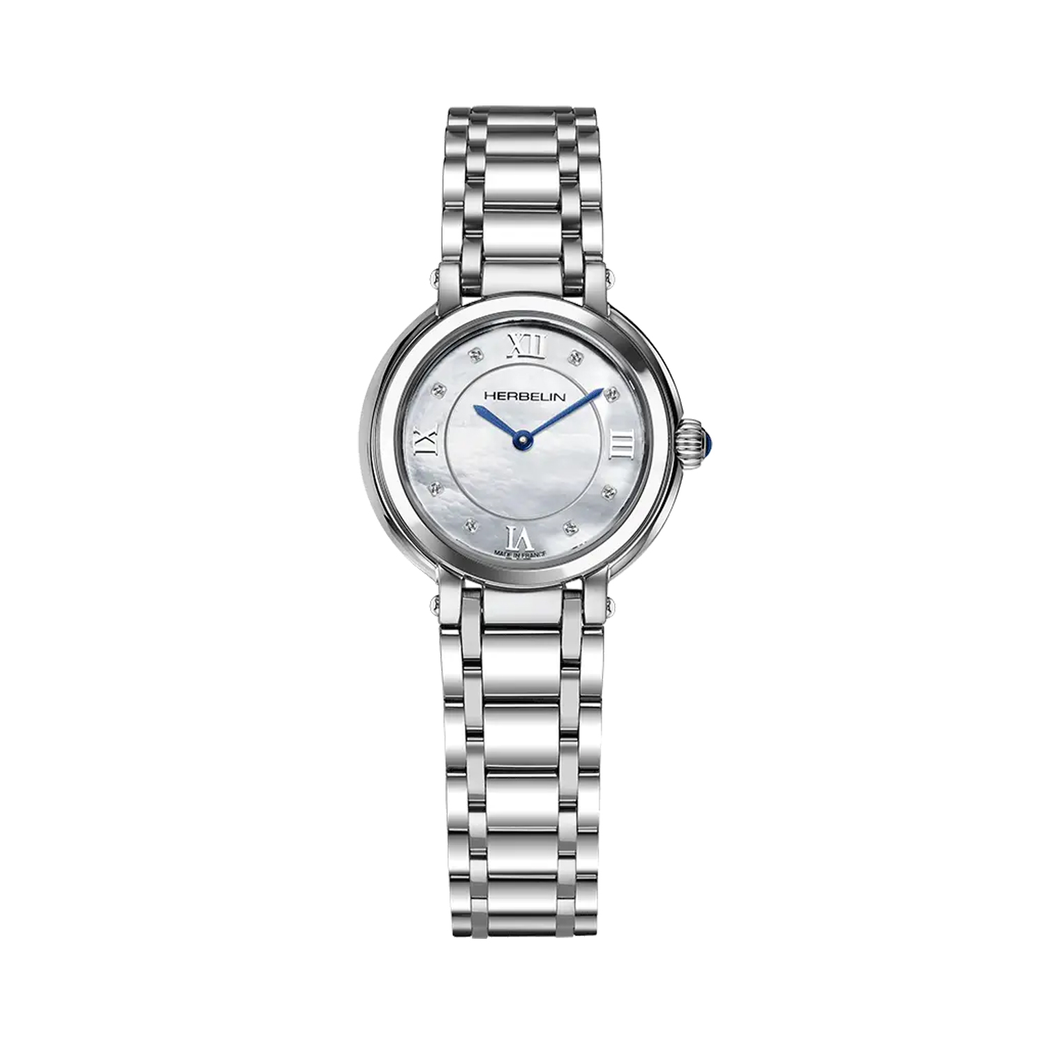 Herbelin, Galet with a 28mm stainless steel case and bracelet strap featuring a white mother of pearl zircon set dial.