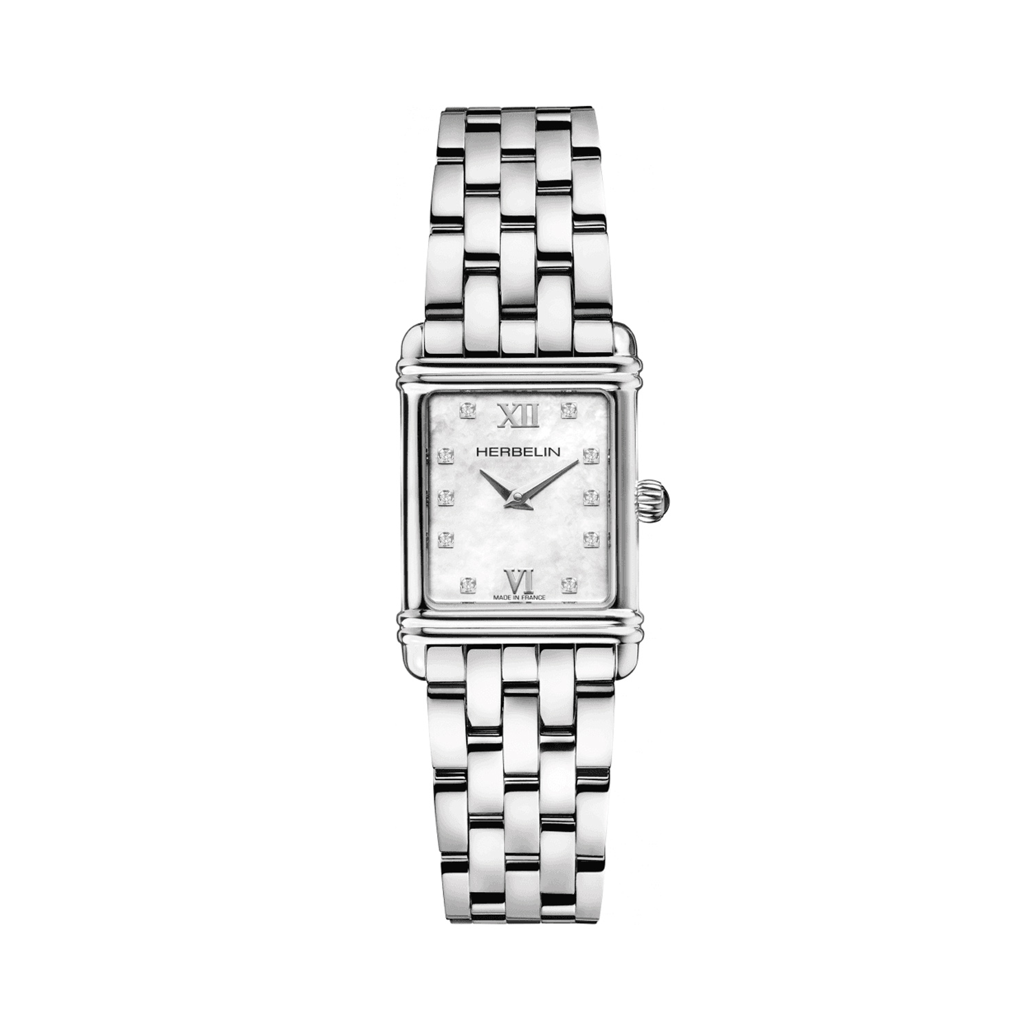 Herbelin, Art Déco with a 20.3mm stainless steel case and bracelet strap featuring a white mother of pearl dial and stone set dial.