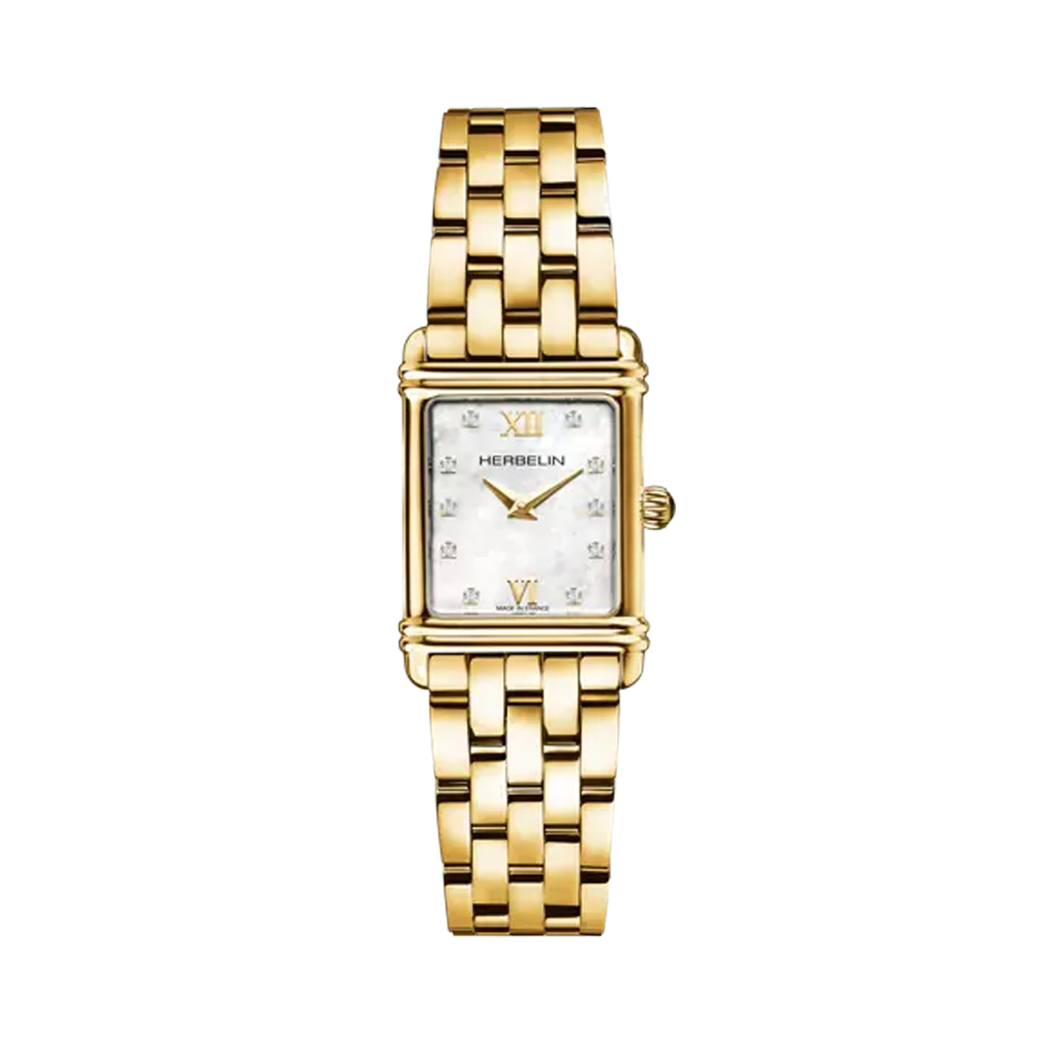 Herbelin, Art Déco with a 20.3 x 24.4mm rectangular yellow gold PVD coated stainless steel case featuring a mother of pearl zircon set dial.