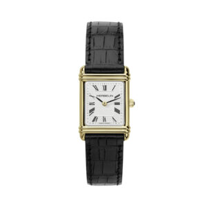 Herbelin, Art Déco with a 20.3mm stainless steel yellow gold PVD coated case with a black leather strap featuring a silver dial.