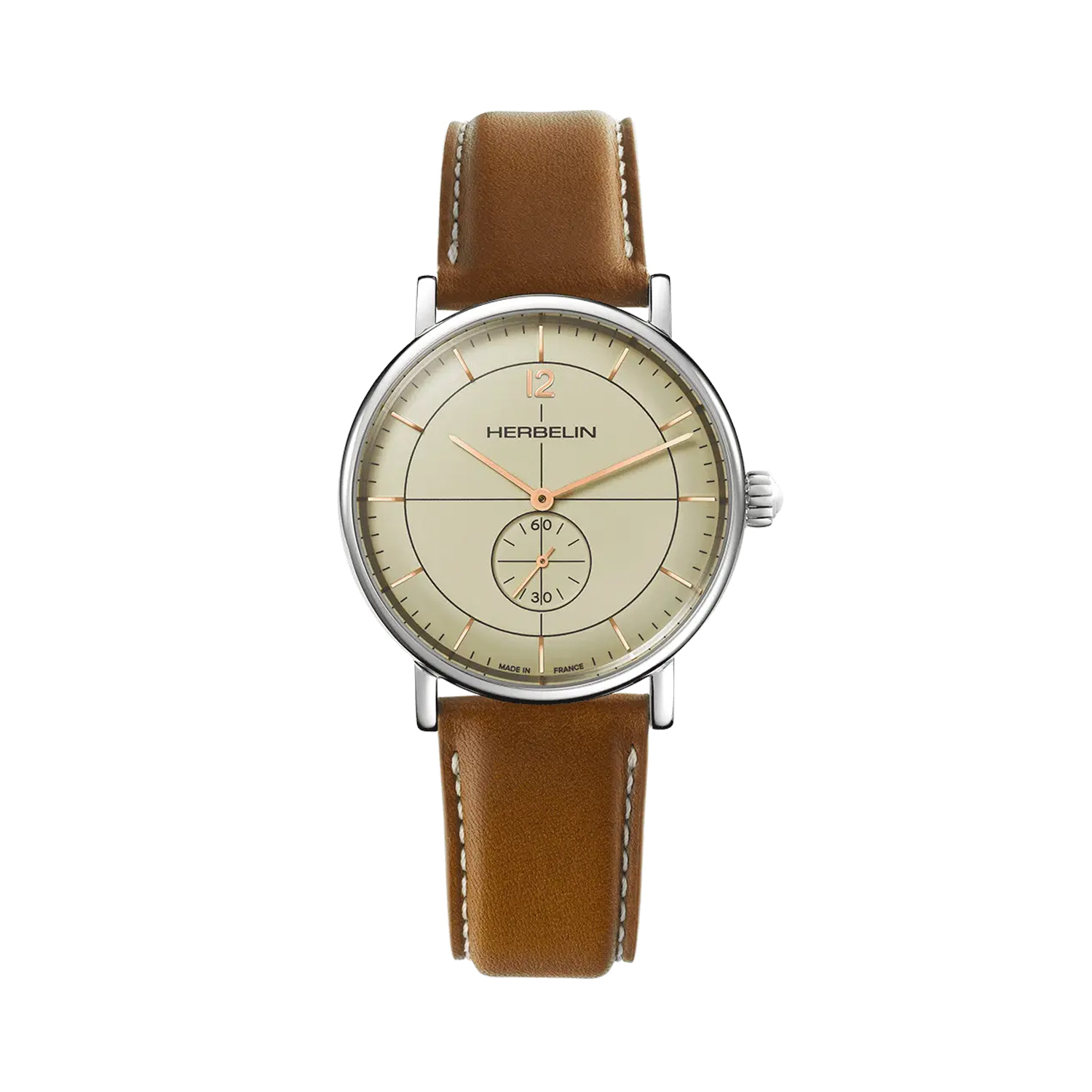 Herbelin, Inspiration with a 40mm stainless steel case and a brown leather strap featuring a small seconds hand function and an ivory coloured dial.