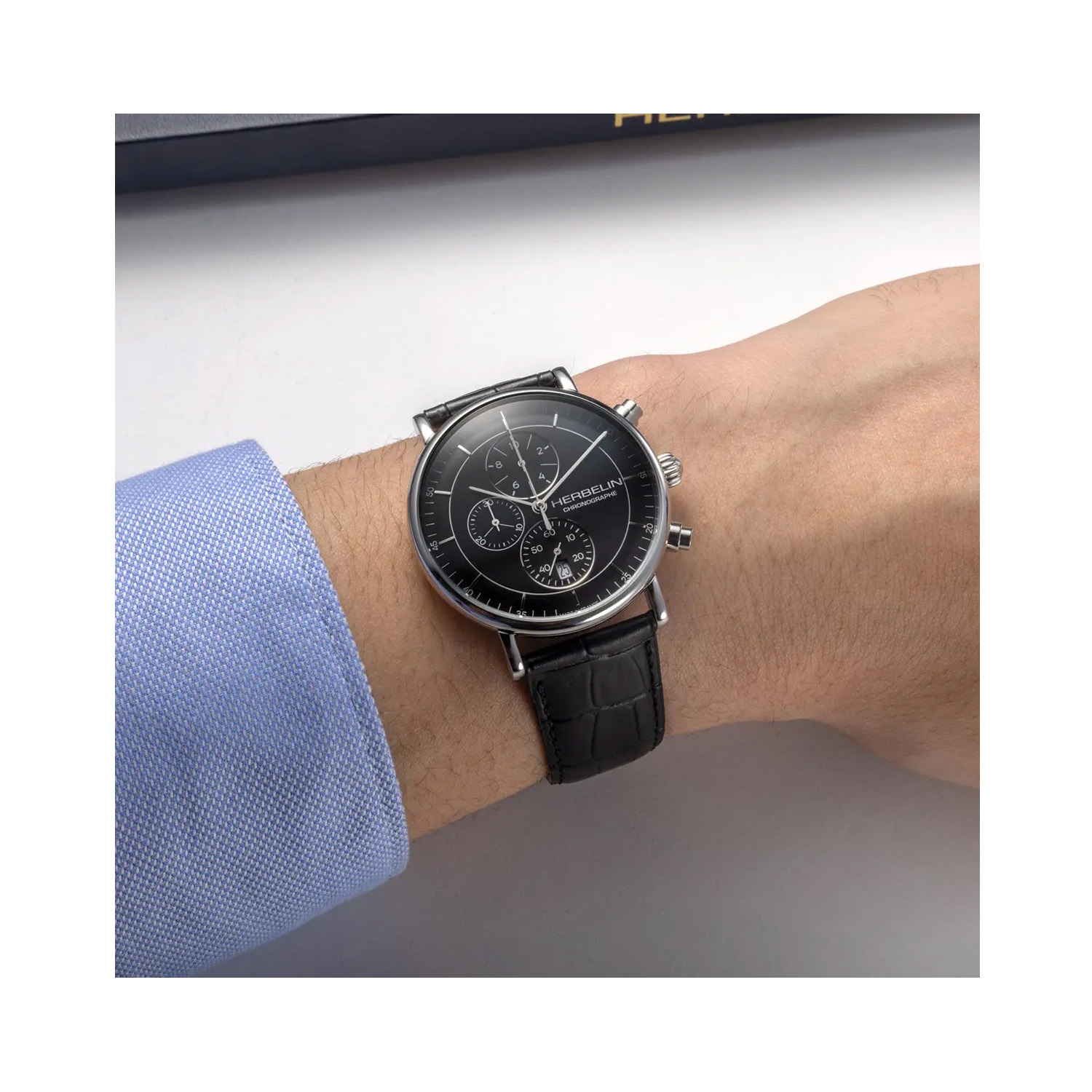Herbelin, Inspiration Chronograph with a 40mm stainless steel case and black leather strap featuring a date function, chronograph and a black dial.