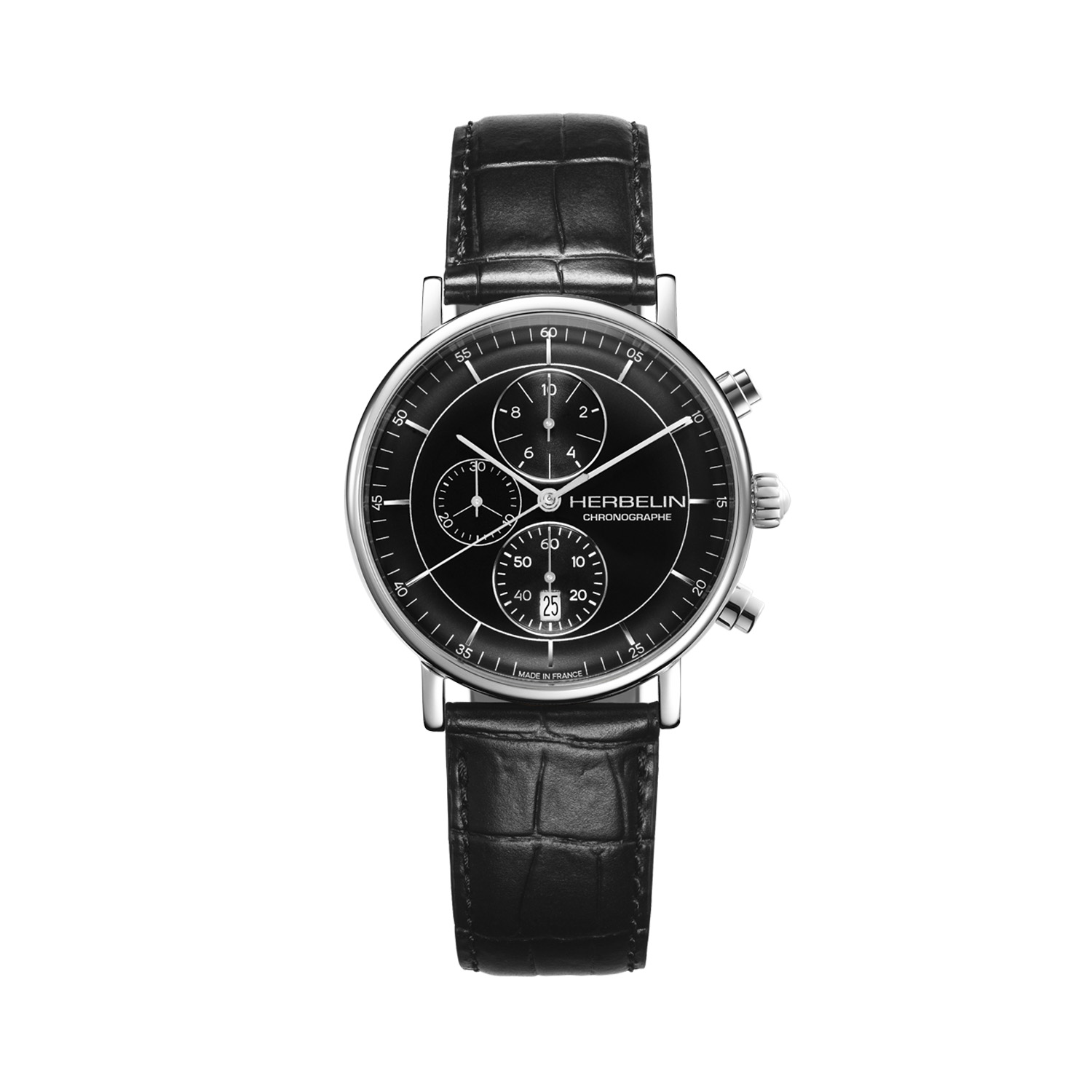 Herbelin, Inspiration Chronograph with a 40mm stainless steel case and black leather strap featuring a date function, chronograph and a black dial.