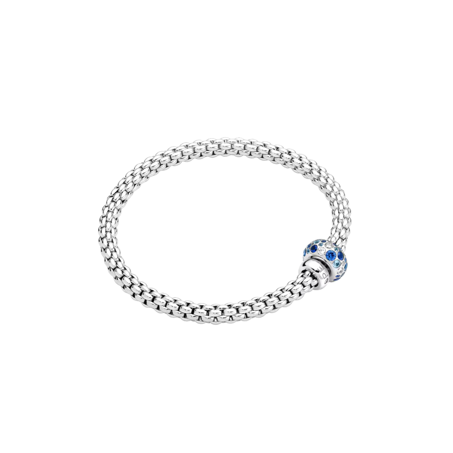 An 18ct white gold Flex'It bracelet with a sapphire and diamond set rondel and a polished white gold rondel, belonging to FOPE's Solo collection.
