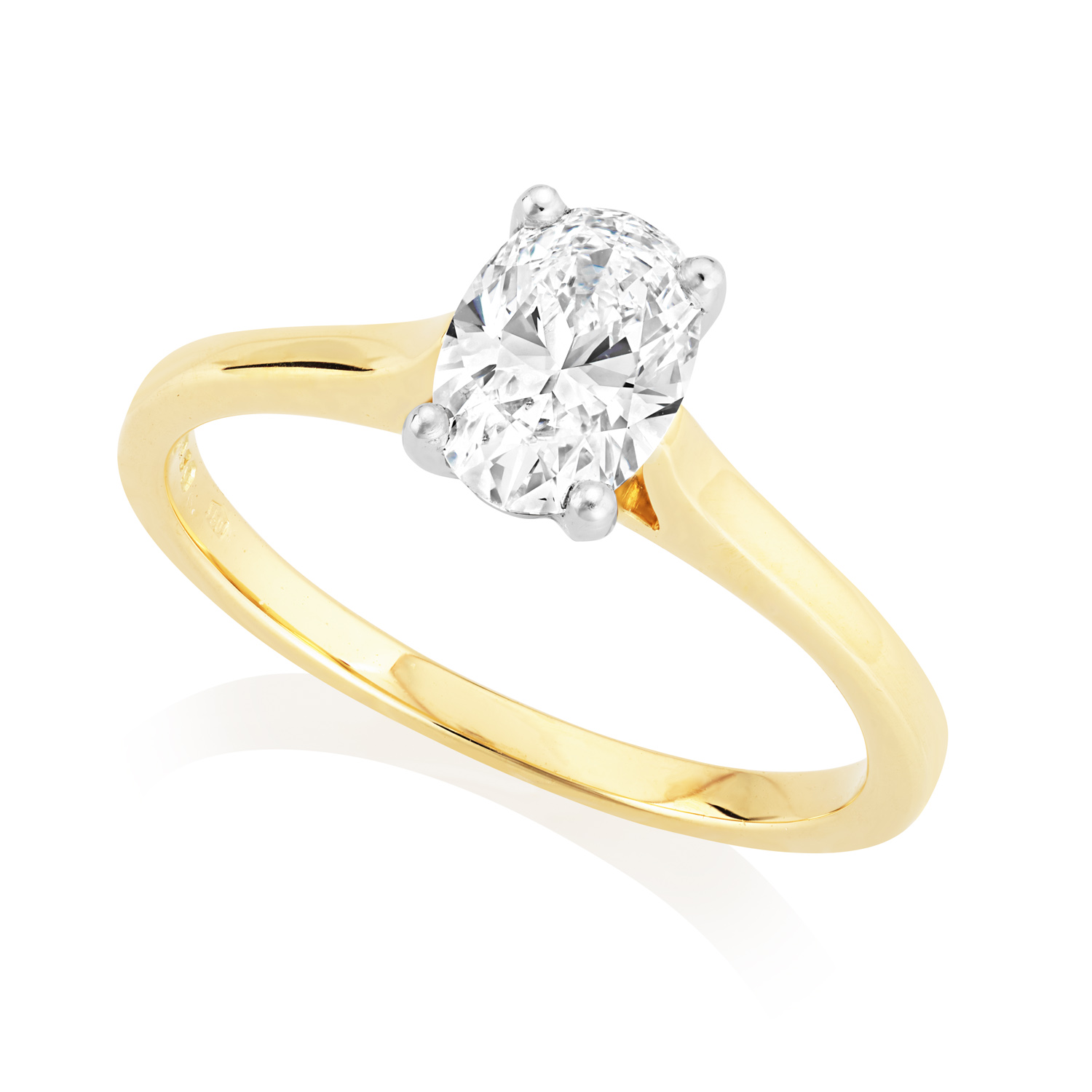 18ct Yellow Gold & Platinum Leon Collection Oval Diamond Solitaire Ring: 0.82 carats An 18ct yellow gold and platinum, four claw diamond single stone solitaire ring belonging to H. L. Brown's Leon collection.