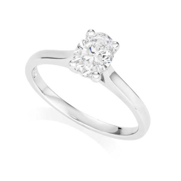 A platinum oval shaped, four claw diamond single stone solitaire ring belonging to H. L. Brown's Leon collection.