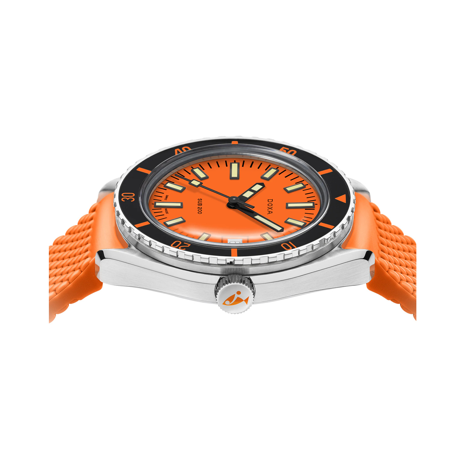 DOXA SUB 200, Professional Orange Strap, Automatic Men's Watch DOXA SUB 200, Professional with a 42mm stainless steel case and orange rubber strap featuring a date function and an orange dial with a black bezel.