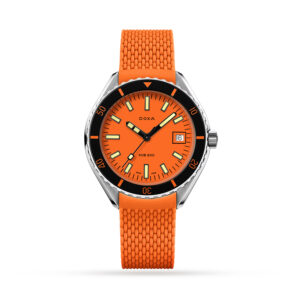 DOXA SUB 200, Professional with a 42mm stainless steel case and orange rubber strap featuring a date function and an orange dial with a black bezel.