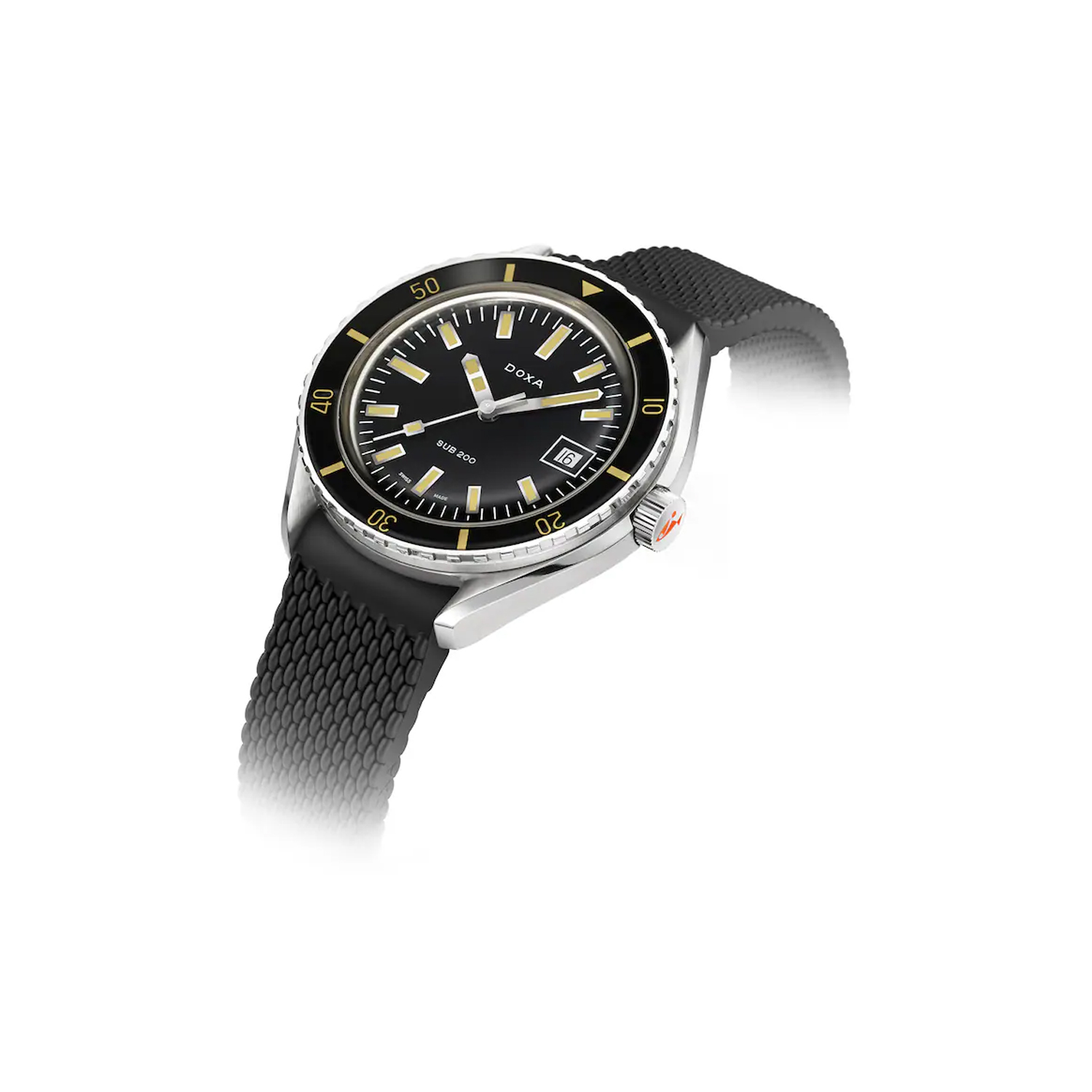 DOXA SUB 200, Sharkhunter Black Strap, Automatic Men's Watch DOXA SUB 200, Sharkhunter with a 42mm stainless steel case and a black rubber strap featuring a date function and a black dial and bezel.