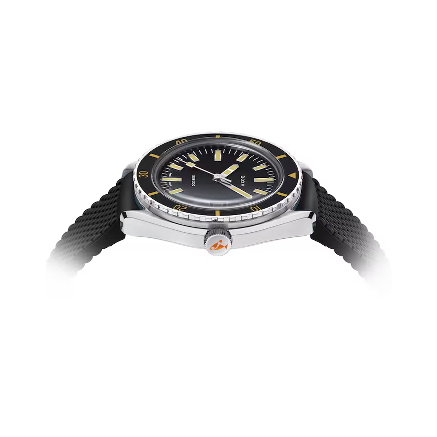 DOXA SUB 200, Sharkhunter Black Strap, Automatic Men's Watch DOXA SUB 200, Sharkhunter with a 42mm stainless steel case and a black rubber strap featuring a date function and a black dial and bezel.