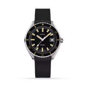 DOXA SUB 200, Sharkhunter with a 42mm stainless steel case and a black rubber strap featuring a date function and a black dial and bezel.