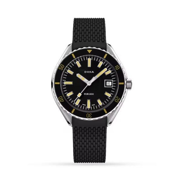 DOXA SUB 200, Sharkhunter with a 42mm stainless steel case and a black rubber strap featuring a date function and a black dial and bezel.