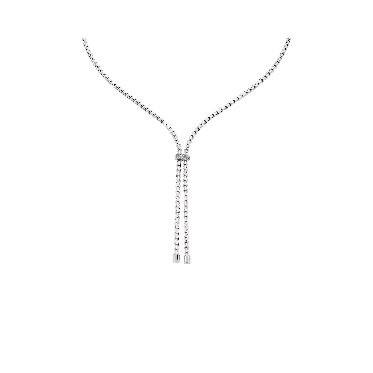 An 18ct white gold necklace with a single 18ct white gold diamond set rondel belonging to FOPE’s EKA collection.