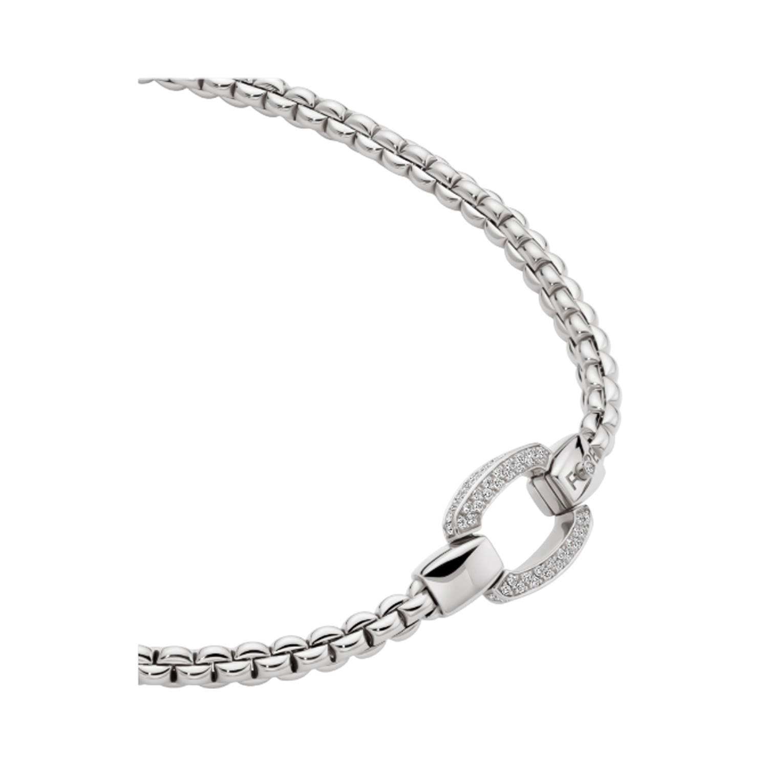 FOPE, EKA Collection, 18ct White Gold Diamond Pave Clasp Necklace An 18ct white gold necklace with a pave set diamond clasp belonging to FOPE's EKA collection.