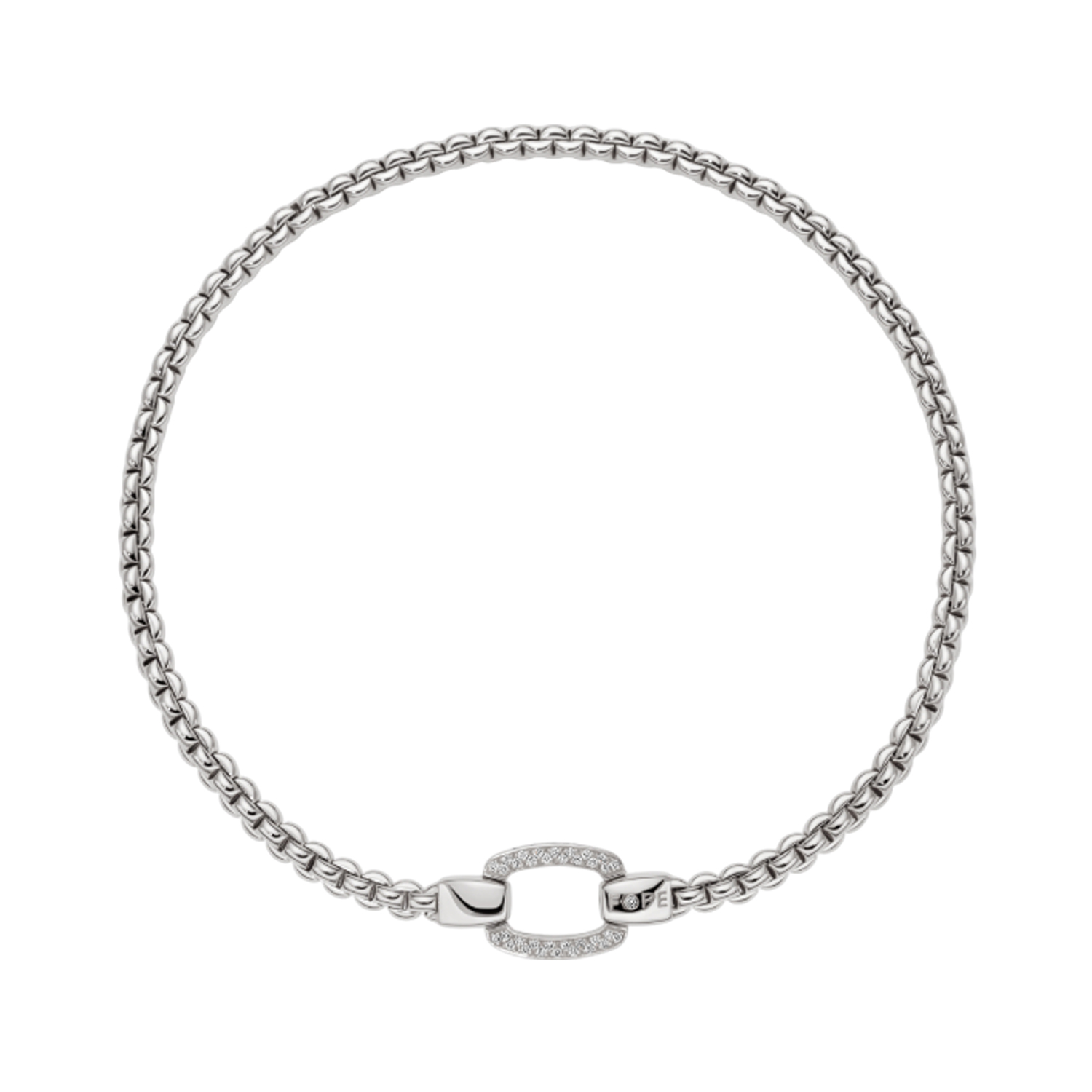 FOPE, EKA Collection, 18ct White Gold Diamond Pave Clasp Necklace An 18ct white gold necklace with a pave set diamond clasp belonging to FOPE's EKA collection.
