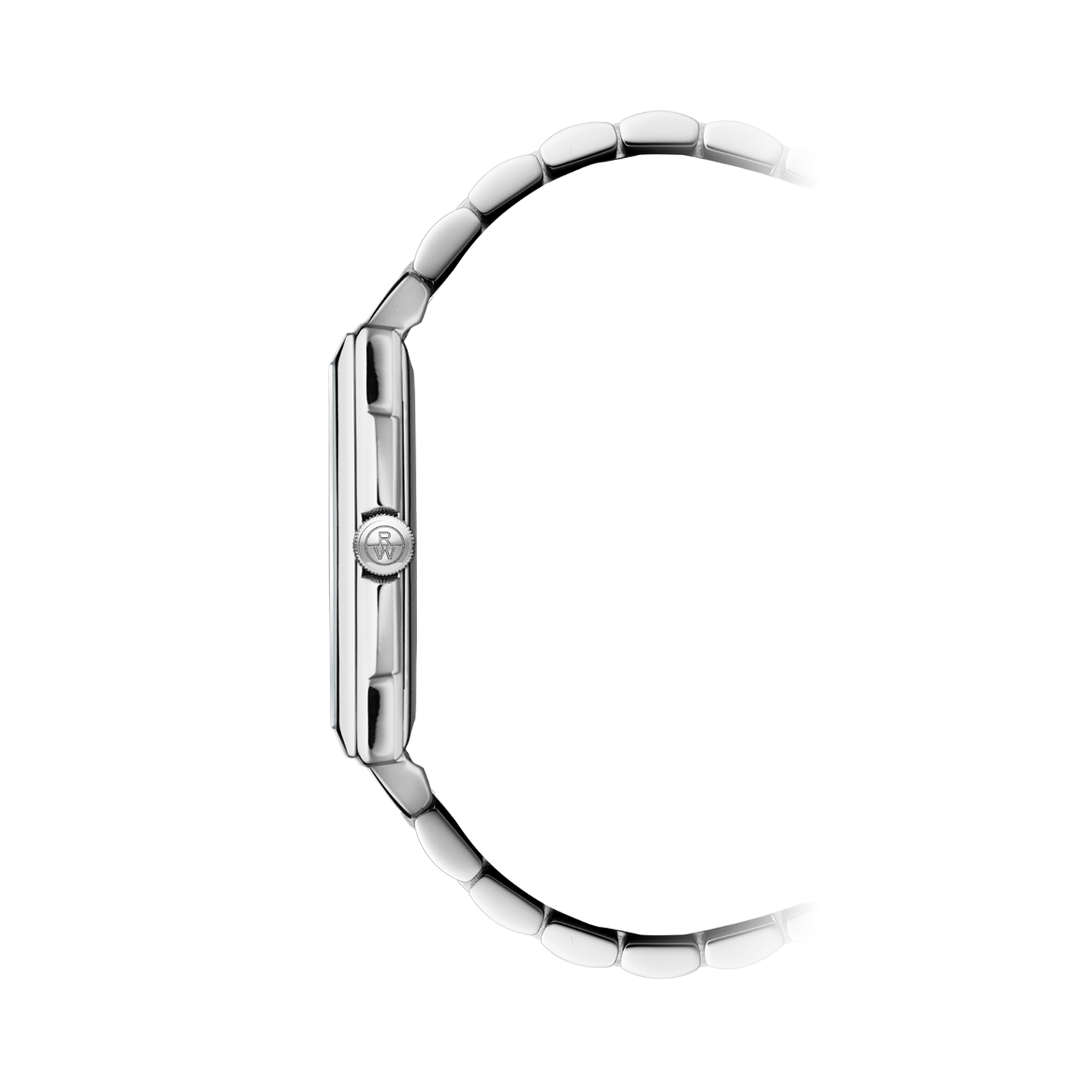 Raymond Weil, Toccata with a 29 x 37mm rectangular steel dial with a black leather strap featuring a date function and a white dial.