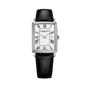 Raymond Weil, Toccata with a 29 x 37mm rectangular steel dial with a black leather strap featuring a date function and a white dial.