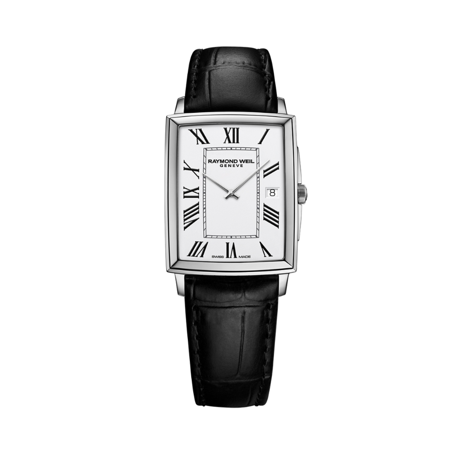 Raymond Weil, Toccata with a 29 x 37mm rectangular steel dial with a black leather strap featuring a date function and a white dial.
