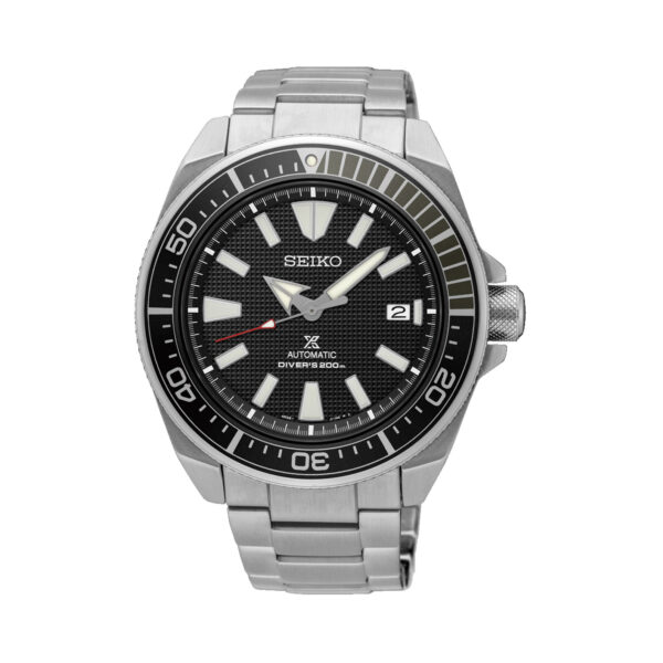 Seiko, Prospex 'Samurai' with a 43.8mm stainless steel case and bracelet strap featuring a date function and a black dial and bezel.