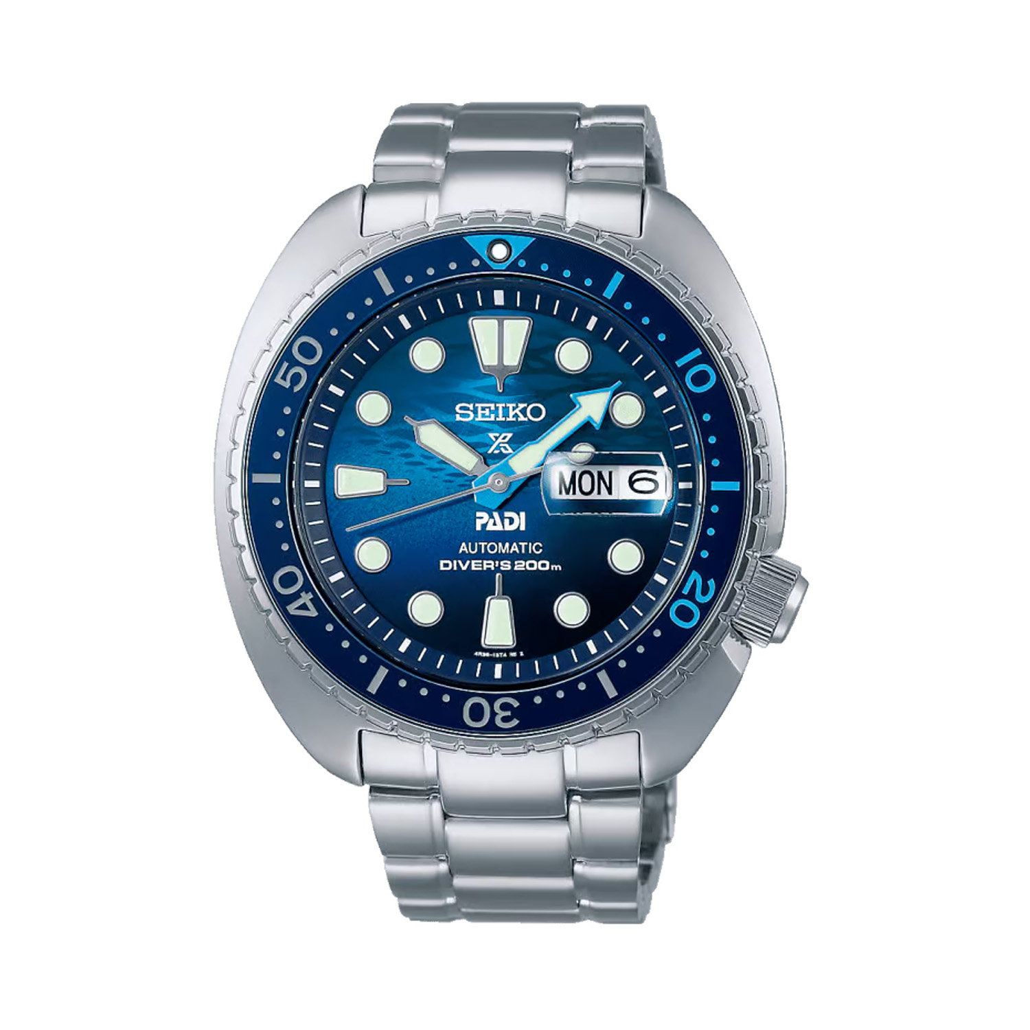 Seiko, Prospex PADI, ‘Great Blue’ Turtle Scuba Special Edition, Automatic Men's Watch Seiko, Prospex PADI 'Great Blue' Turtle Scuba Special Edition with a 45mm stainless steel case and bracelet strap featuring a day date function and a blue dial and ceramic bezel.