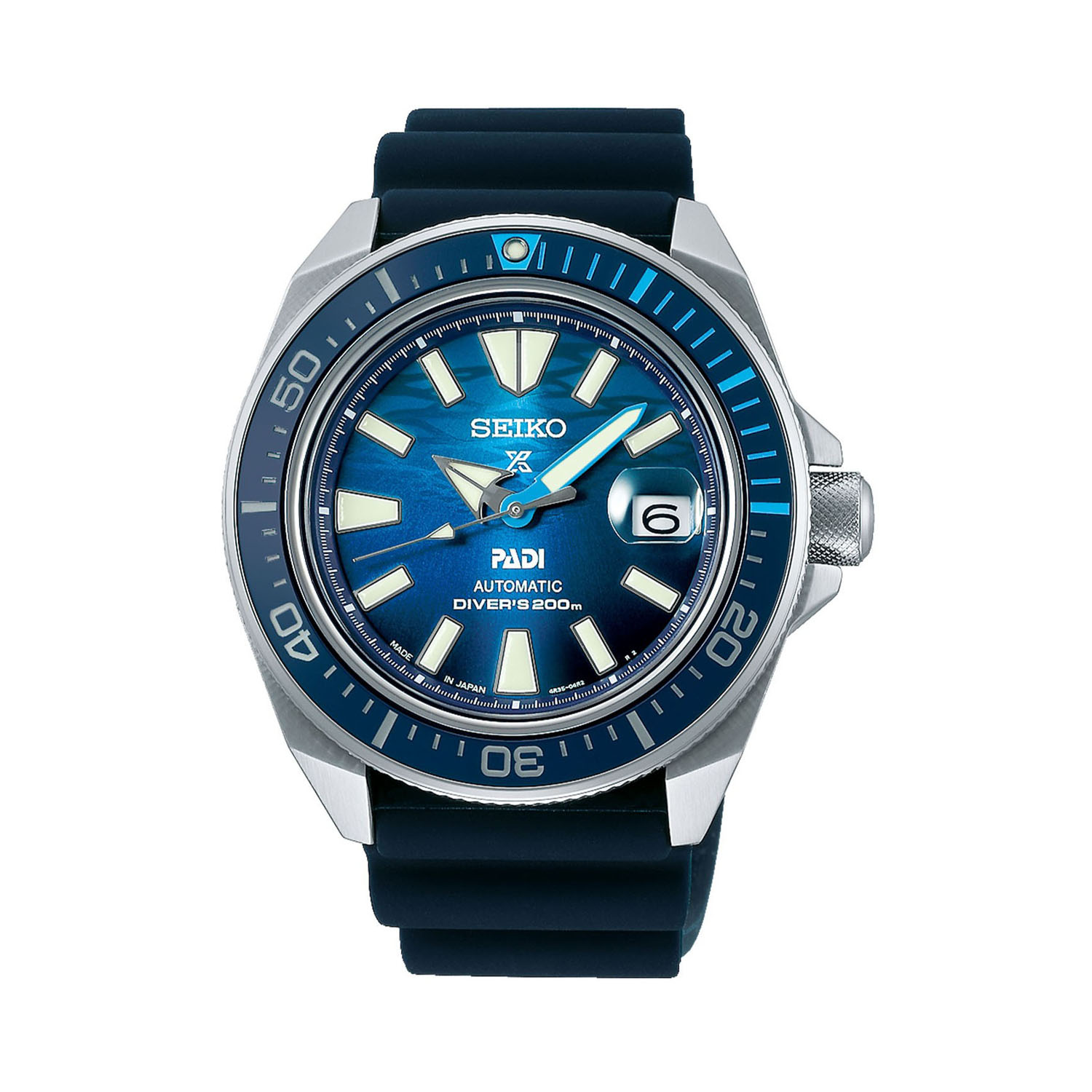 Seiko, Prospex PADI ‘Great Blue’ Samurai Special Edition with a 43.8mm stainless steel case and a blue silicone strap featuring a date function and a blue dial and ceramic bezel.