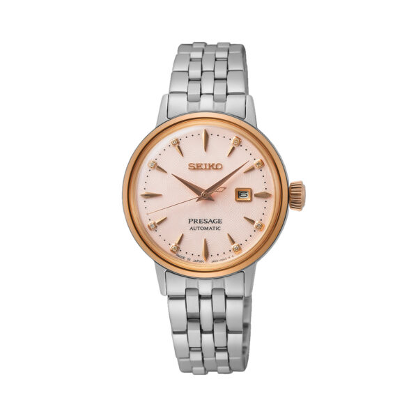Seiko, Presage Cocktail Time ‘Pink Lady’ Diamond Twist with a 30.2mm stainless steel and rose gold PVD coated case and bracelet strap featuring a date function on a pink diamond set dial.
