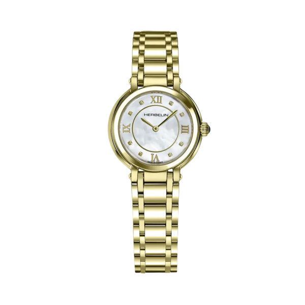 Herbelin, Galet with a 28mm stainless steel yellow gold PVD case and bracelet strap featuring a white mother of pearl, zircon set dial.