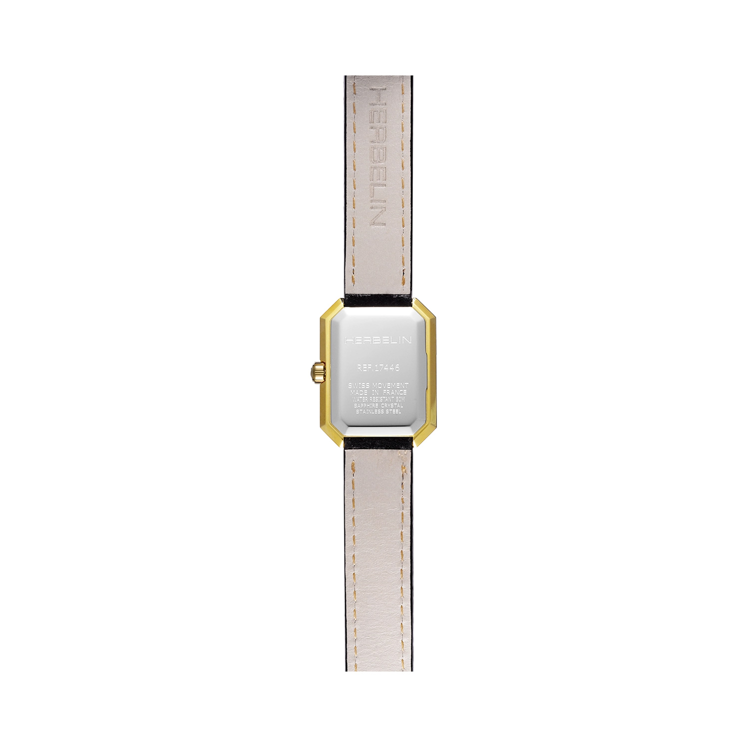 Herbelin, Octogône Black Leather Strap, Quartz Women's Watch Herbelin, Octogône with a 26.4mm stainless steel yellow gold PVD coated case with a black leather strap featuring a white mother of pearl dial.