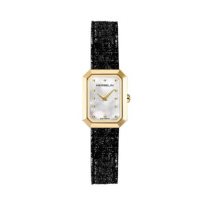 Herbelin, Octogône with a 26.4mm stainless steel yellow gold PVD coated case with a black leather strap featuring a white mother of pearl dial.