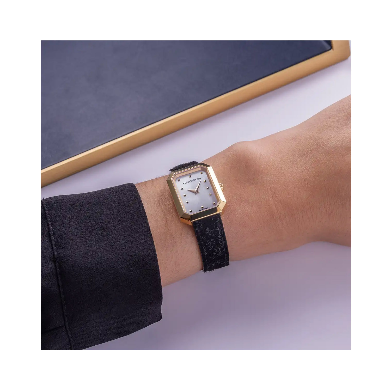 Herbelin, Octogône Black Leather Strap, Quartz Women's Watch Herbelin, Octogône with a 26.4mm stainless steel yellow gold PVD coated case with a black leather strap featuring a white mother of pearl dial.