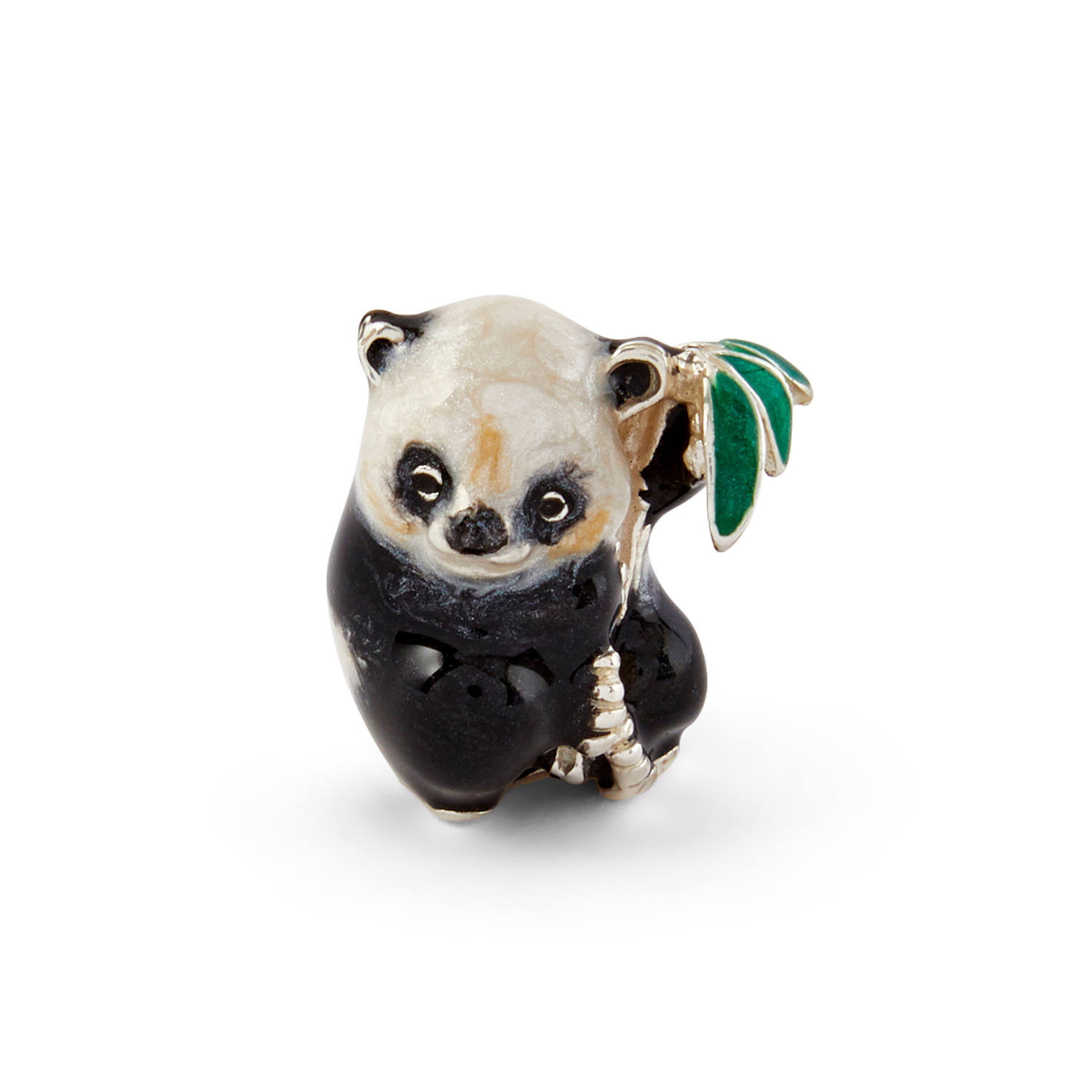 A sterling silver very small panda figurine with leaves from Saturno by Francis Howard.