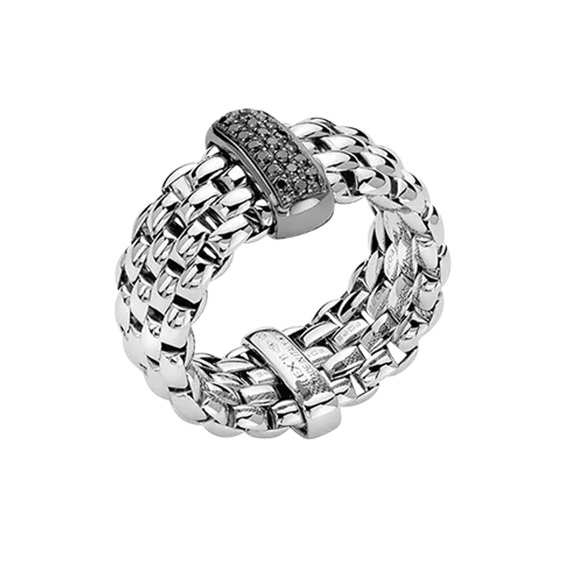 An 18ct white gold Flex'It ring set with black pave diamonds belonging to FOPE's Panorama collection.
