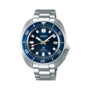 Seiko, Prospex 'Captain Willard' 1970 Re-Interpretation with a 42.7mm stainless steel case and bracelet strap featuring a date function and a blue dial and bezel.