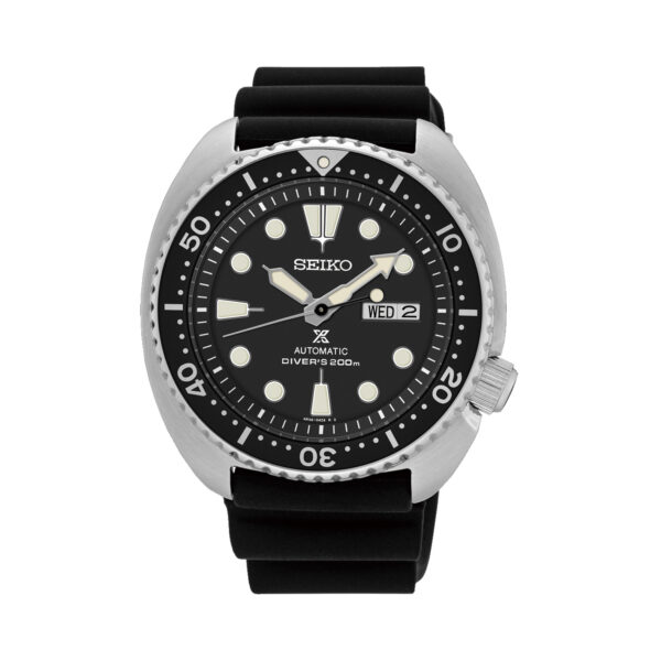 Seiko, Prospex 'Turtle' with a 45mm stainless steel case and a black silicone strap featuring a day date function and a black dial and bezel.