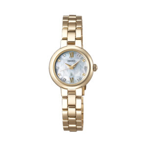 Seiko, Lukia with a 29mm stainless steel yellow gold PVD coated case and bracelet strap featuring a mother of pearl dial.