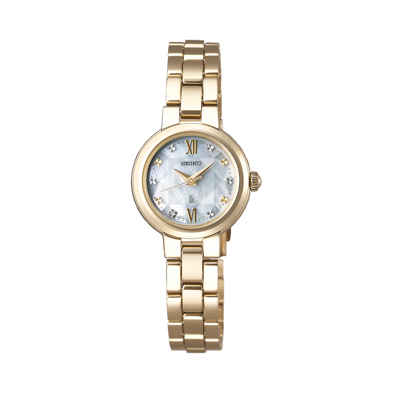 Seiko, Lukia with a 29mm stainless steel yellow gold PVD coated case and bracelet strap featuring a mother of pearl dial.