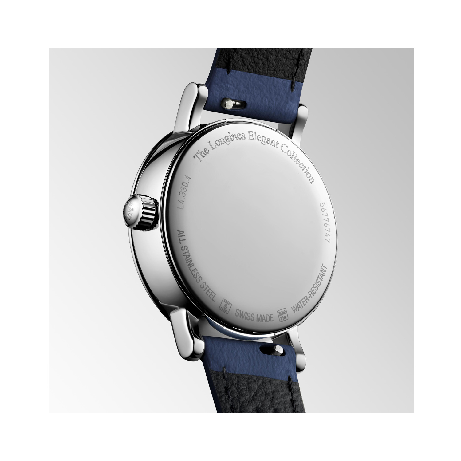 Longines, Elegant Collection Moonphase with a 30mm stainless steel case and a blue leather strap featuring a moonphase, date function and a white dial.