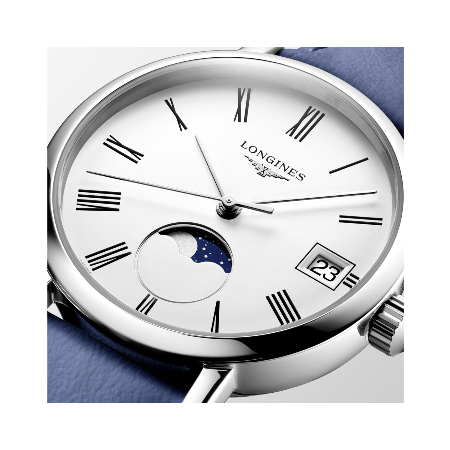 Longines, Elegant Collection Moonphase with a 30mm stainless steel case and a blue leather strap featuring a moonphase, date function and a white dial.